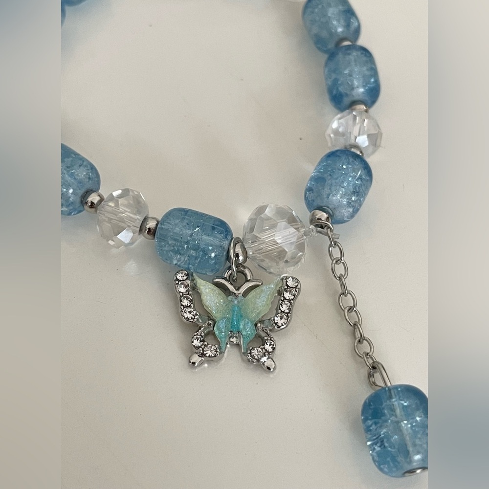 Blue and Clear Beaded Stretch Small Bracelet with Butterfly Charm - Picture 12 of 17